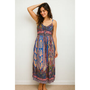 Lucky Brand Paisley Maxi Dress Size S Multicolor V-neck Lightweight Boho Chic